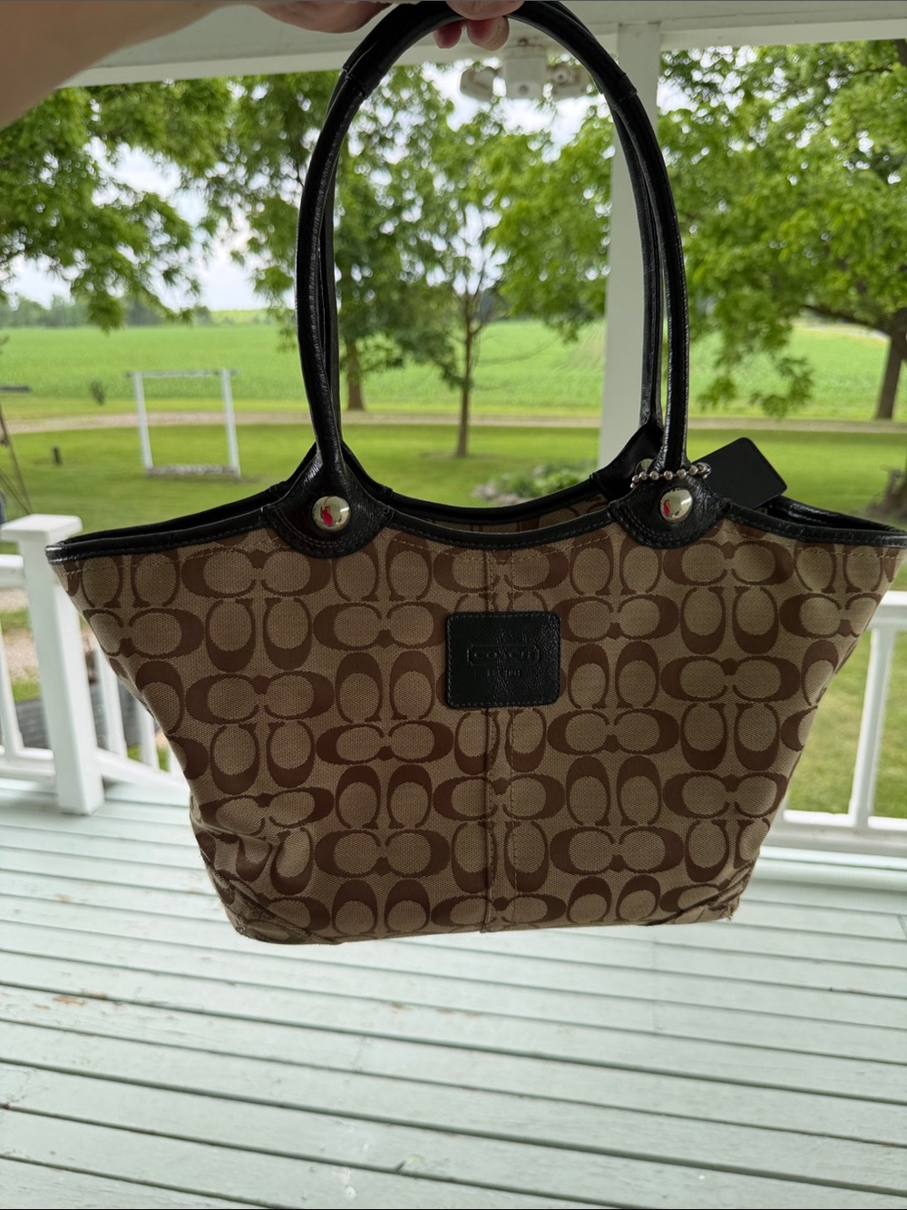 Coach Brown Signature Canvas Tote with Black Leather Trim